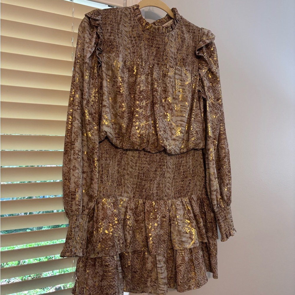 Anthropologie Brown and Gold Long Sleeve Dress